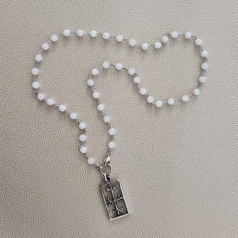 WHITE ONYX NECKLACE WITH FLEUR DE LIS CROSS-24"