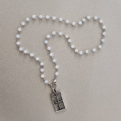 0--WHITE ONYX NECKLACE WITH FLEUR DE LIS CROSS-24"