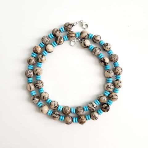 0--ZEBRAS LOVE TURQUOISE BEADED NECKLACE--24"