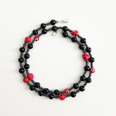 0--RED EYES & RED SKULLS BEADED NECKLACE--24"