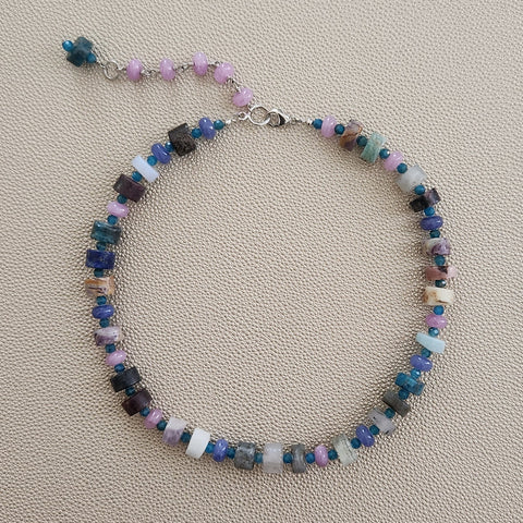 MIXED GEMSTONES & COLORED JADE NECKLACE-16"