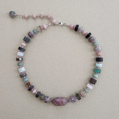 MIXED GEMSTONES & ROSE QUARTZ NECKLACE-16"