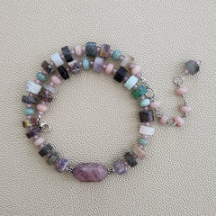 MIXED GEMSTONES & ROSE QUARTZ NECKLACE-16"