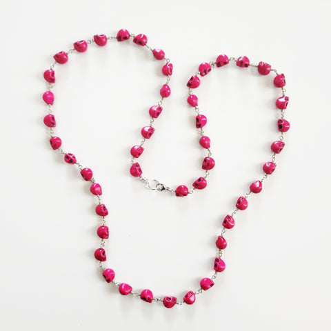 HOT PINK SKULL BEAD NECKLACE-36"