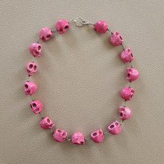 PINK CARVED SKULL BEAD NECKLACE-20"