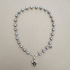 SILVER PEARL NECKLACE WITH FLEUR DE LIS PENDANT-18"