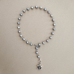 SILVER PEARL NECKLACE WITH FLEUR DE LIS PENDANT-18"