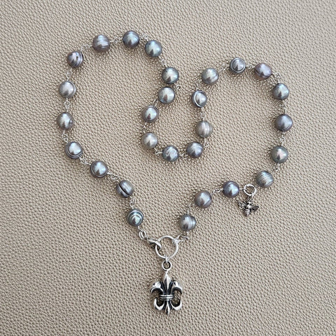 SILVER PEARL NECKLACE WITH FLEUR DE LIS PENDANT-18"