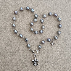 SILVER PEARL NECKLACE WITH FLEUR DE LIS PENDANT-18"