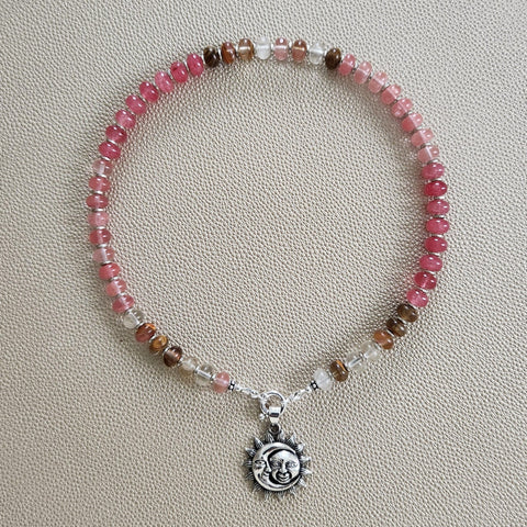 0--OMBRE ROSE GEMSTONE NECKLACE W/ SUN & MOON--16"