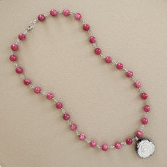 0--STRAWBERRY JADE NECKLACE W/ MOTHER OF PEARL ROSE-25"