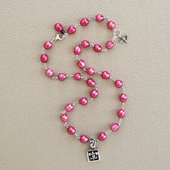 DARK PINK PEARL NECKLACE WITH FLEUR DE LIS PENDANT-17"