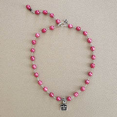 DARK PINK PEARL NECKLACE WITH FLEUR DE LIS PENDANT-17"