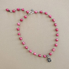 DARK PINK PEARL NECKLACE WITH FLEUR DE LIS PENDANT-17"