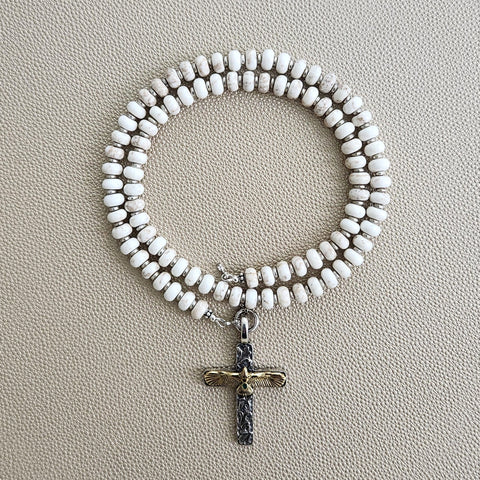 00--WHITE MAGNESITE TURQUOISE NECKLACE W/ EAGLE CROSS--24"