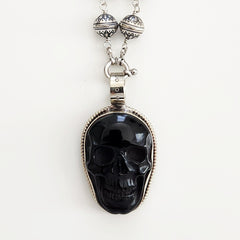 00--BLACK WHITE DRAGON VEIN AGATE NECKLACE W/ SKULL PENDANT-27"