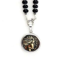00--BLACK ONYX NECKLACE W/ GREEK COIN PENDANT--24"
