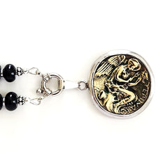00--BLACK ONYX NECKLACE W/ GREEK COIN PENDANT--24"