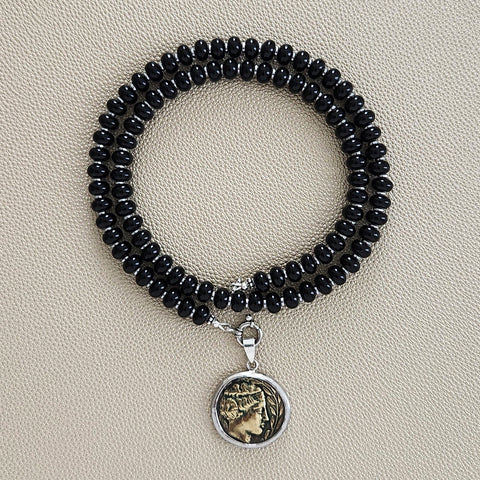 00--BLACK ONYX NECKLACE W/ GREEK COIN PENDANT--24"