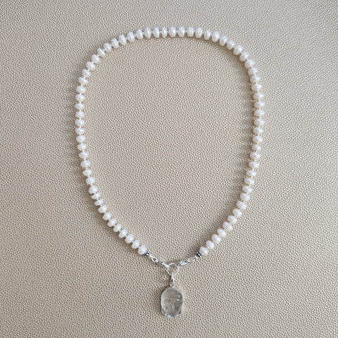 0--WHITE PEARL NECKLACE W/ BUDDHA PENDANT--18"
