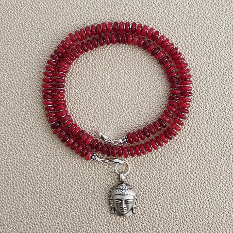 0--RED JADE NECKLACE W/ 925 SILVER BUDDHA--18"