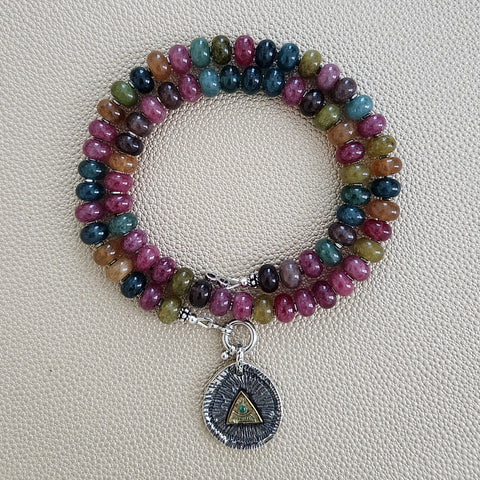 0--JEWEL TONED JADE NECKLACE W/ 925 EYE PENDANT--18"