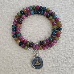 0--JEWEL TONED JADE NECKLACE W/ 925 EYE PENDANT--18"