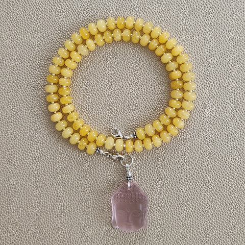 0--YELLOW JADE NECKLACE W/ PINK BUDDHA PENDANT--20"