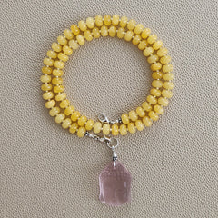 0--YELLOW JADE NECKLACE W/ PINK BUDDHA PENDANT--20"
