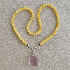 0--YELLOW JADE NECKLACE W/ PINK BUDDHA PENDANT--20"