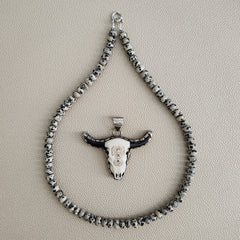 0--DALMATION JASPER NECKLACE W/ BULL SKULL PENDANT--20"