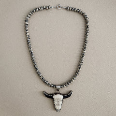 0--DALMATION JASPER NECKLACE W/ BULL SKULL PENDANT--20"