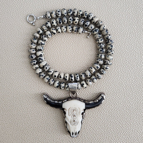 0--DALMATION JASPER NECKLACE W/ BULL SKULL PENDANT--20"