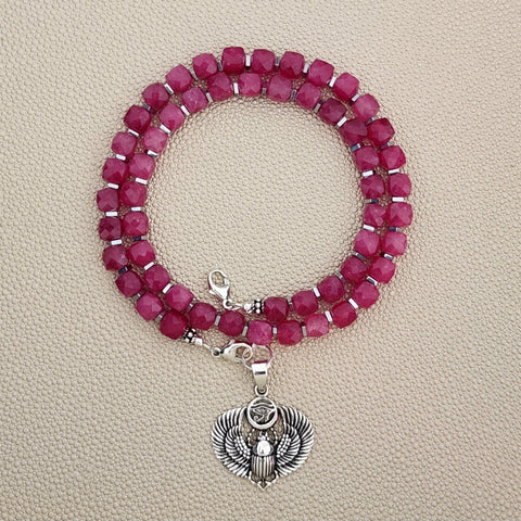 0--MIDNIGHT DREAMS PINK JADE NECKLACE W/ 925 SCARAB--18"