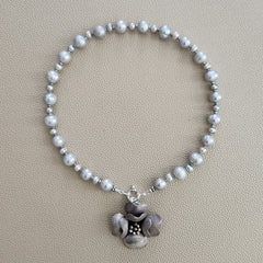 0--SILVER PEARL NECKLACE W/ CAMELLIA PENDANT--16"