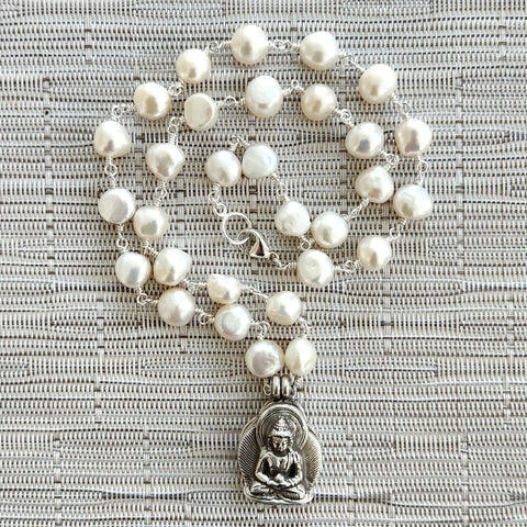 1--WHITE PEARL NUGGET NECKLACE WITH BUDDHA PENDANT-22"