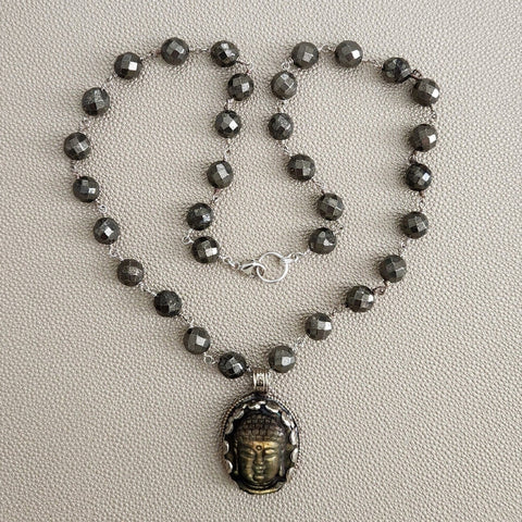 PYRITE NECKLACE WITH BUDDHA PENDANT-24"