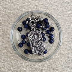 00--8MM LAPIS LAZULI NECKLACE W/ 925 SILVER DRAGON--26"