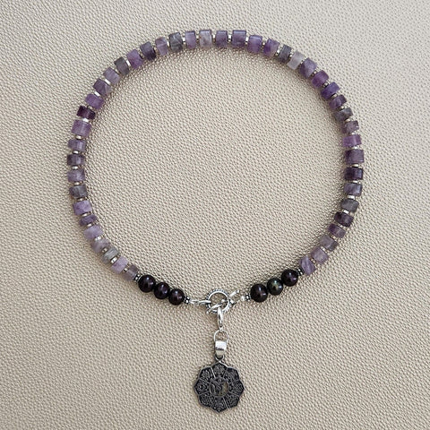AMETHYST NECKLACE W/ OM PENDANT--16"