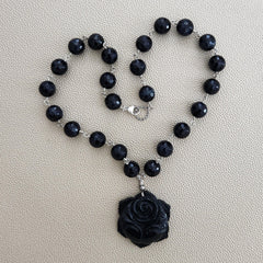 BLUE TIGERS EYE WITH BLACK ROSE NECKLACE-19"