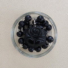 BLUE TIGERS EYE WITH BLACK ROSE NECKLACE-19"