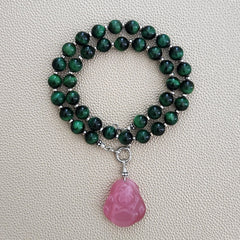 0--GREEN TIGERS EYE NECKLACE W/ HAPPY BUDDHA PENDANT--16"