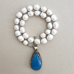 0--WHITE EDISON PEARL NECKLACE W/ BLUE CHALCEDONY PENDANT--16"