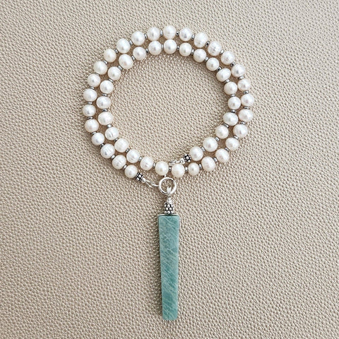 0--WHITE PEARL NECKLACE W/ AMAZONITE DROP--16"