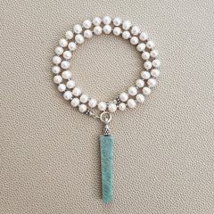 0--WHITE PEARL NECKLACE W/ AMAZONITE DROP--16"