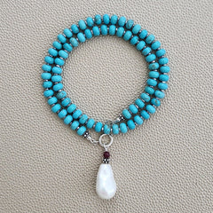 0--MAGNESITE TURQUOISE NECKLACE W/ PEARL DROP--16"
