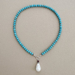 0--MAGNESITE TURQUOISE NECKLACE W/ PEARL DROP--16"