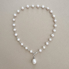 0--WHITE PEARL NECKLACE W/ PEARL DROP--16-18"