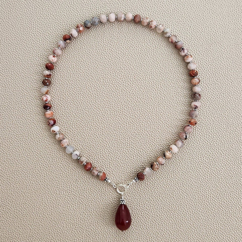 0--SAKURA AGATE NECKLACE W/ CARNELIAN DROP--16"