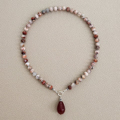 0--SAKURA AGATE NECKLACE W/ CARNELIAN DROP--16"